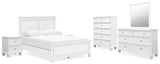 Fortman Queen Panel Bed with Mirrored Dresser, Chest and 2 Nightstands in White - PKG015147