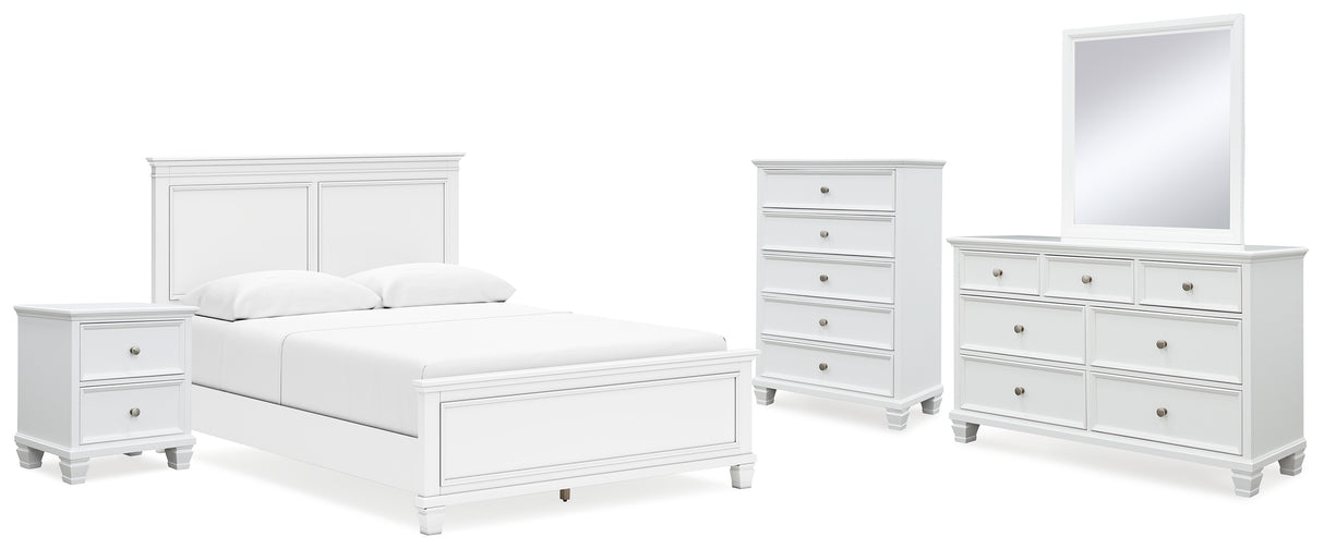 Fortman Queen Panel Bed with Mirrored Dresser, Chest and Nightstand in White - PKG015150