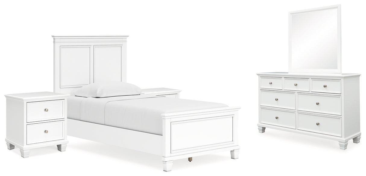 Fortman Twin Panel Bed with Mirrored Dresser and 2 Nightstands in White - PKG015164