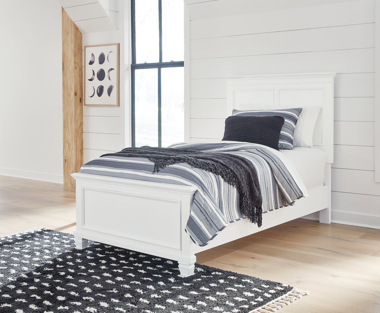 Fortman Twin Panel Bed with Mirrored Dresser and 2 Nightstands in White - PKG015164