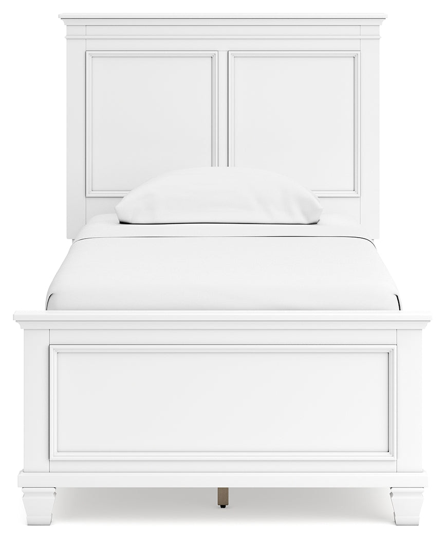 Fortman Twin Panel Bed with Mirrored Dresser and 2 Nightstands in White - PKG015164