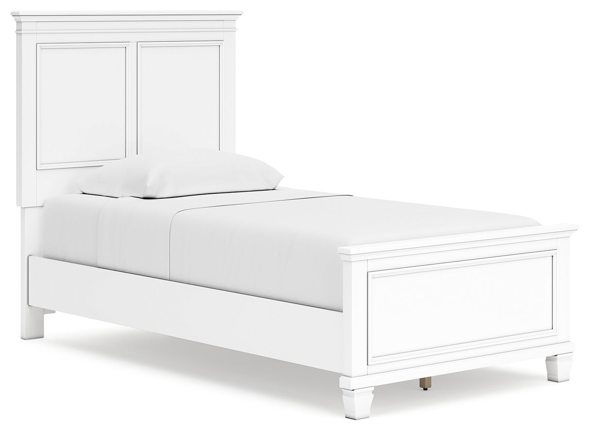 Fortman Twin Panel Bed with Mirrored Dresser and 2 Nightstands in White - PKG015164