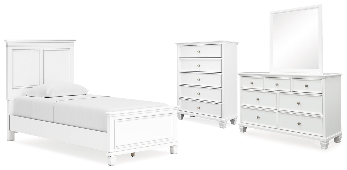 Fortman Twin Panel Bed with Mirrored Dresser and Chest in White - PKG015167