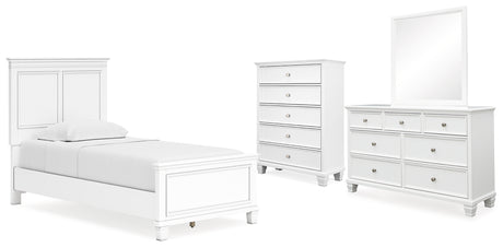 Fortman Twin Panel Bed with Mirrored Dresser and Chest in White - PKG015167