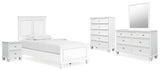 Fortman Twin Panel Bed with Mirrored Dresser, Chest and 2 Nightstands in White - PKG015165