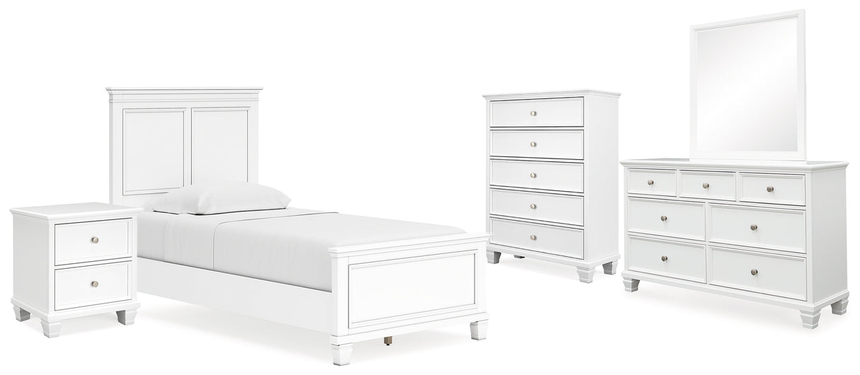 Fortman Twin Panel Bed with Mirrored Dresser, Chest and Nightstand in White - PKG015168