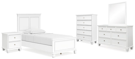 Fortman Twin Panel Bed with Mirrored Dresser, Chest and Nightstand in White from Ashley - Luna Furniture