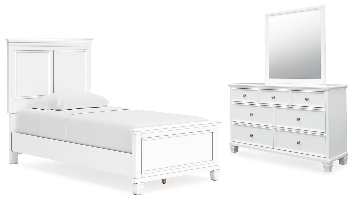 Fortman Twin Panel Bed with Mirrored Dresser in White - PKG015163