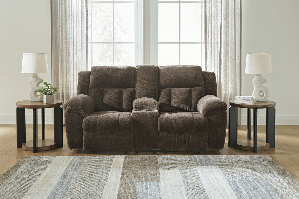 Frohn Chocolate Reclining Loveseat with Console - 3740794