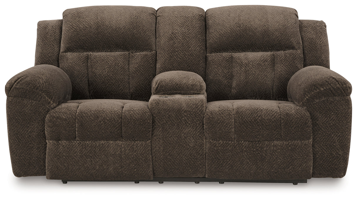 Frohn Chocolate Reclining Loveseat with Console - 3740794