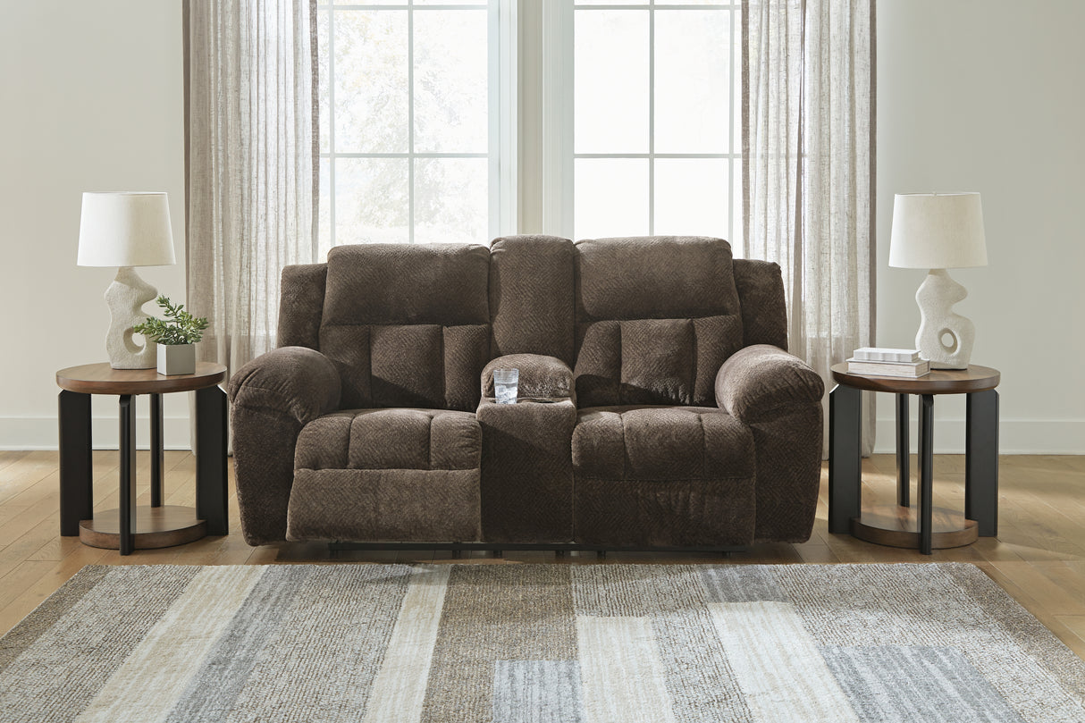 Frohn Chocolate Reclining Loveseat with Console - 3740794