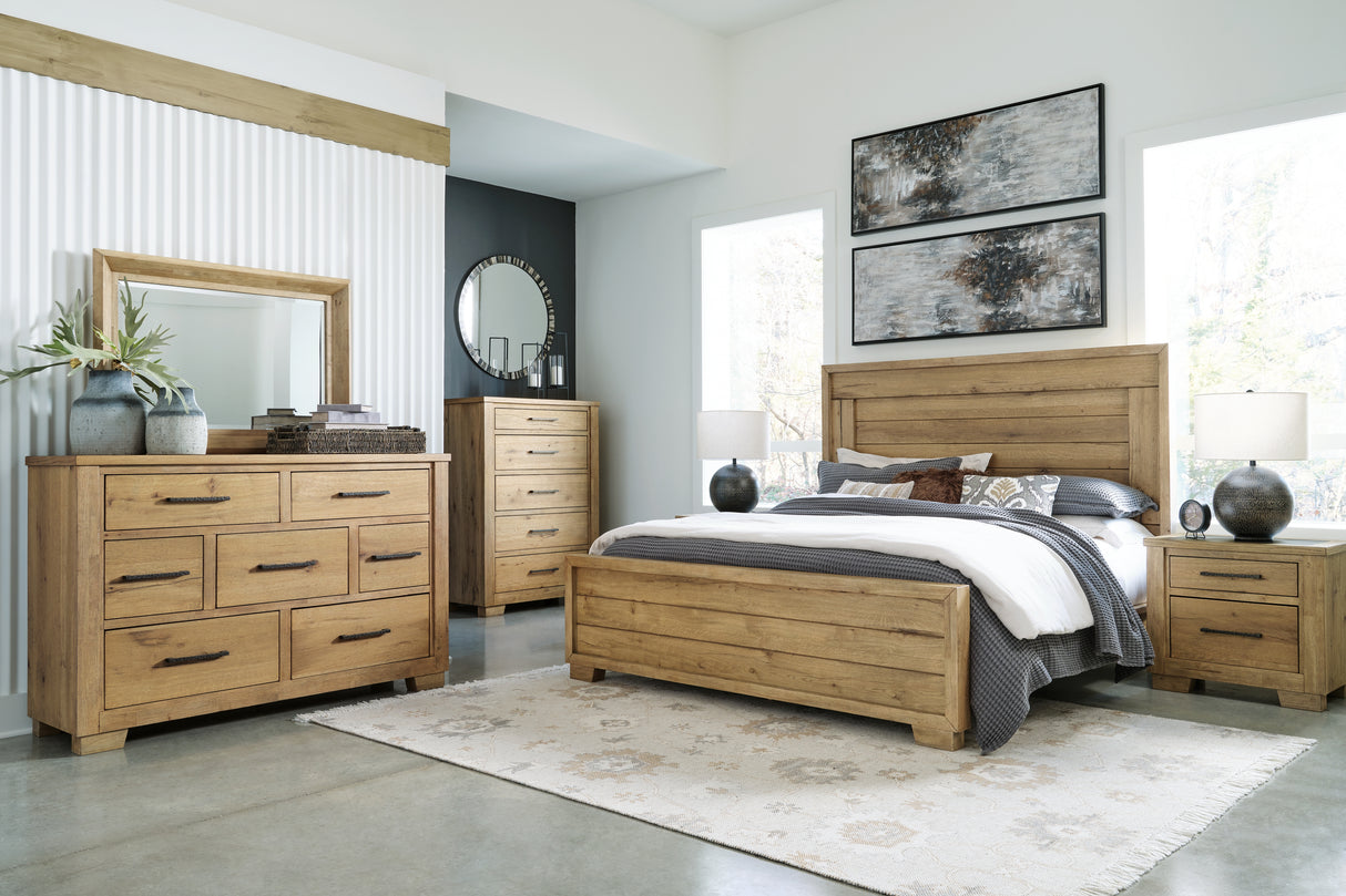 Galliden California King Panel Bed with Mirrored Dresser and Nightstand in Light Brown - PKG016958