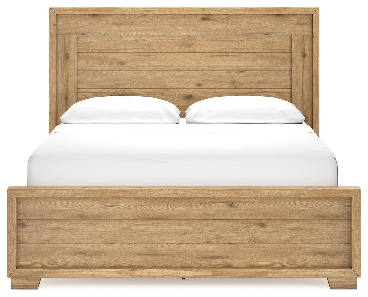 Galliden California King Panel Bed with Mirrored Dresser in Light Brown from Ashley - Luna Furniture