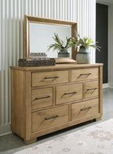 Galliden California King Panel Bed with Mirrored Dresser in Light Brown from Ashley - Luna Furniture