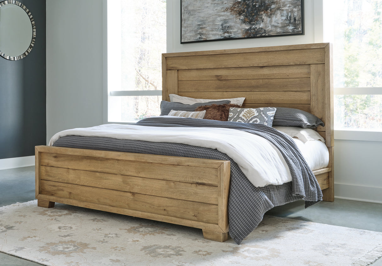 Galliden California King Panel Bed with Mirrored Dresser in Light Brown from Ashley - Luna Furniture