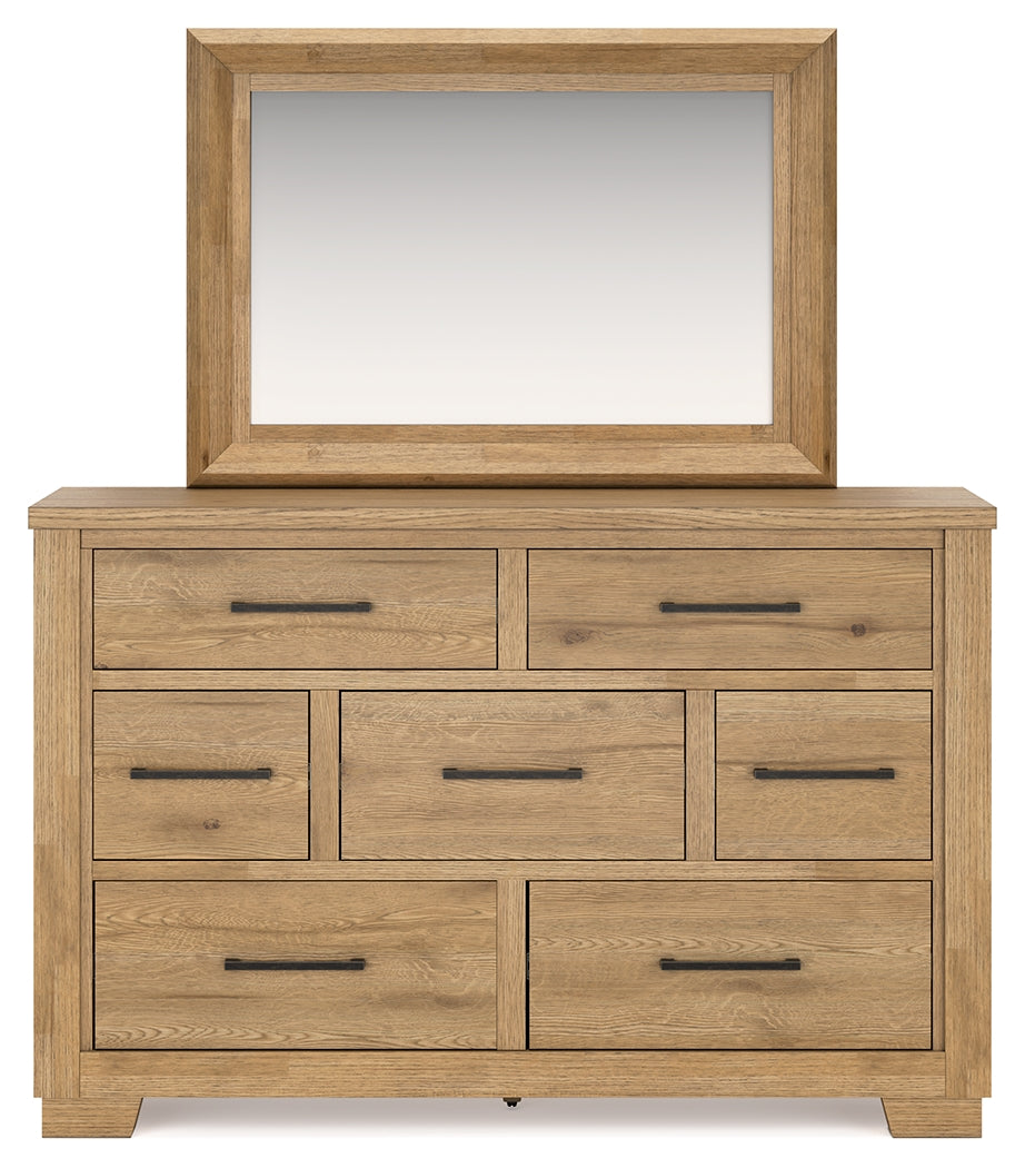 Galliden California King Panel Bed with Mirrored Dresser in Light Brown from Ashley - Luna Furniture