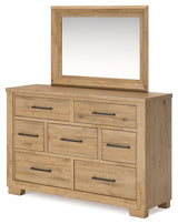 Galliden California King Panel Bed with Mirrored Dresser in Light Brown from Ashley - Luna Furniture