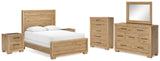 Galliden Queen Panel Bed with Mirrored Dresser, Chest and 2 Nightstands in Light Brown - PKG016939