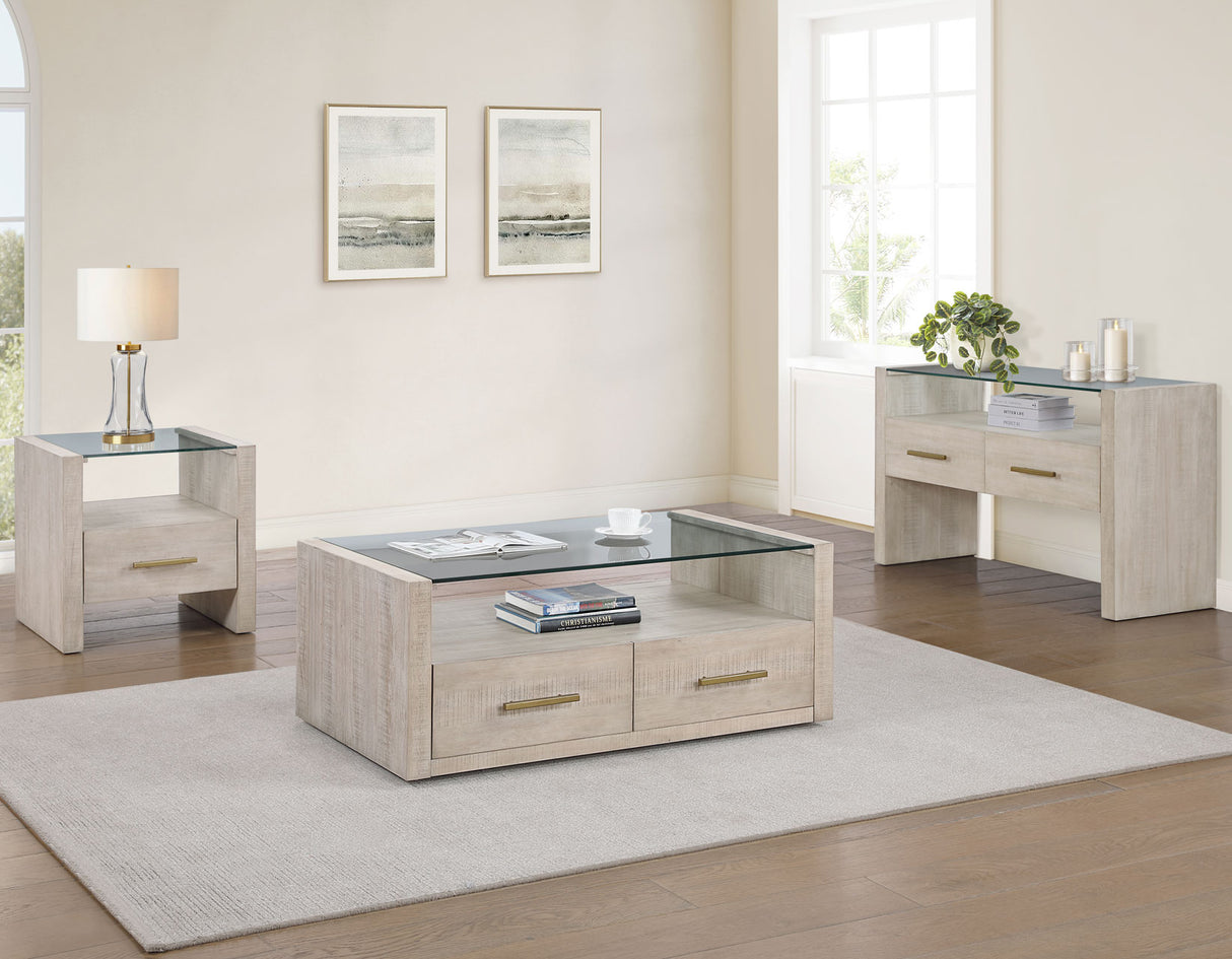 Garland Castered Glass Top Coffee Table, Washed Parchment Finish from Steve Silver - Luna Furniture