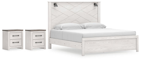 Gerridan King Panel Bed with 2 Nightstands in White/Gray - PKG019131