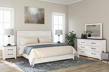 Gerridan King Panel Bed with Mirrored Dresser and 2 Nightstands in White/Gray - PKG009372