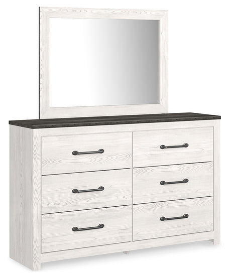 Gerridan King Panel Bed with Mirrored Dresser and 2 Nightstands in White/Gray - PKG019124