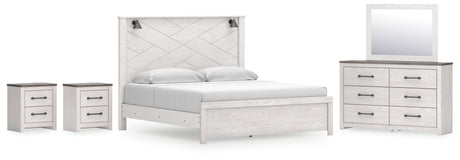 Gerridan King Panel Bed with Mirrored Dresser and 2 Nightstands in White/Gray - PKG019124