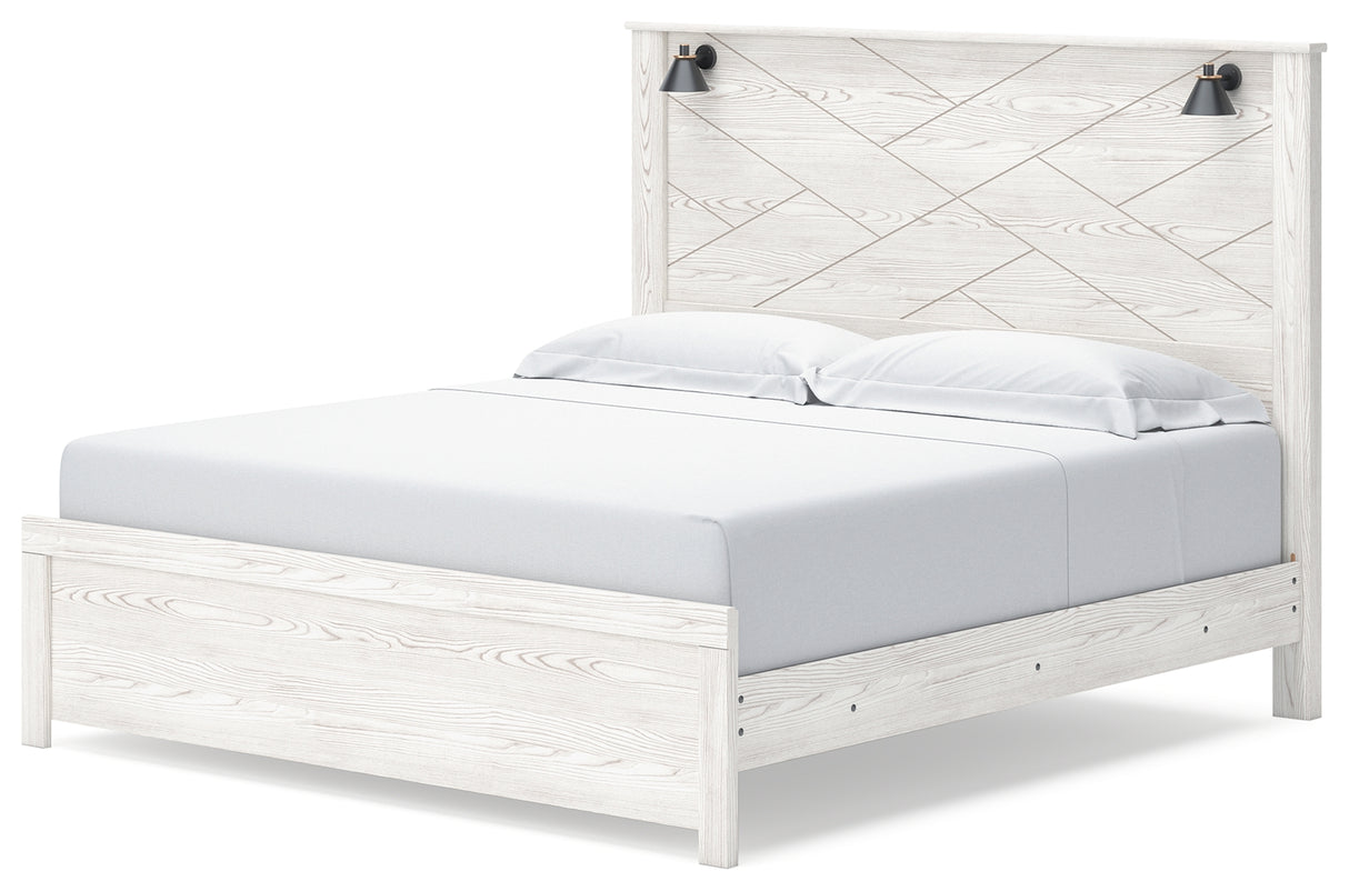 Gerridan King Panel Bed with Mirrored Dresser and 2 Nightstands in White/Gray - PKG019124