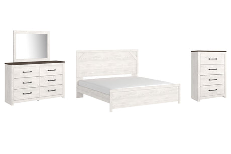 Gerridan King Panel Bed with Mirrored Dresser and Chest in White/Gray - PKG009373