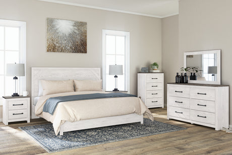 Gerridan King Panel Bed with Mirrored Dresser and Chest in White/Gray - PKG009373