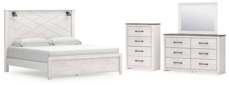 Gerridan King Panel Bed with Mirrored Dresser and Chest in White/Gray - PKG019127