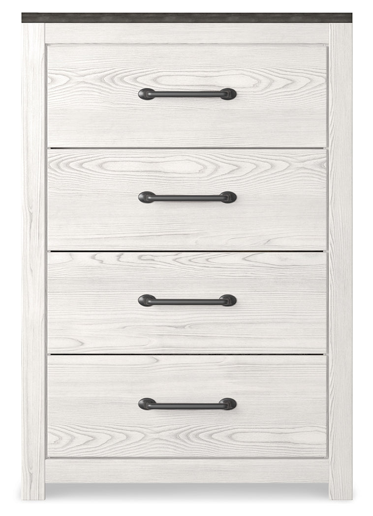 Gerridan King Panel Bed with Mirrored Dresser and Chest in White/Gray - PKG019127