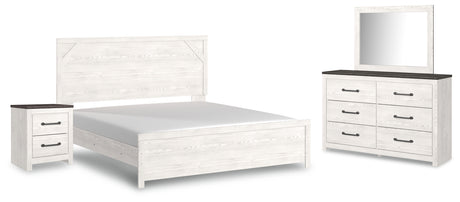 Gerridan King Panel Bed with Mirrored Dresser and Nightstand in White/Gray - PKG014062