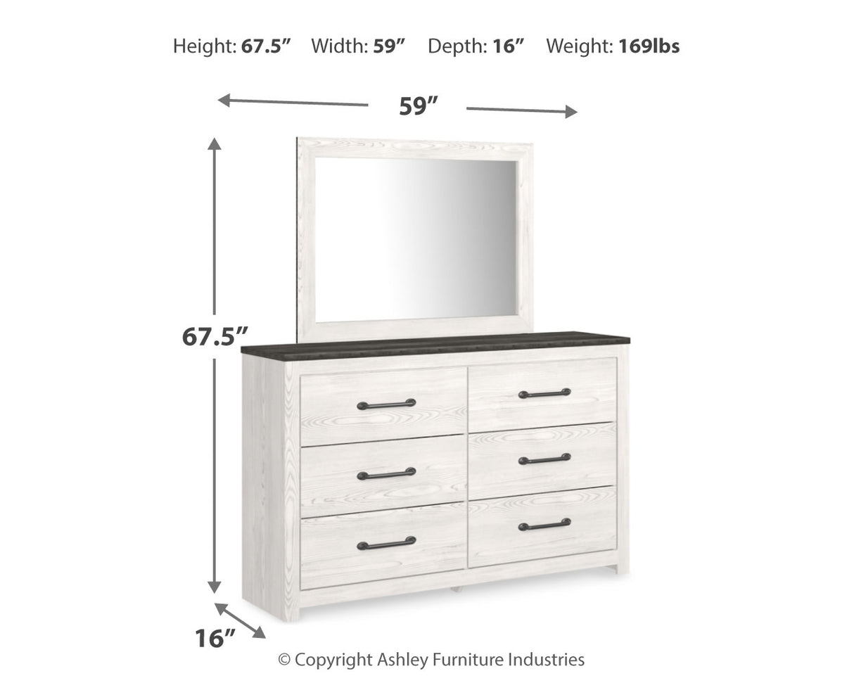 Gerridan King Panel Bed with Mirrored Dresser and Nightstand in White/Gray - PKG019126