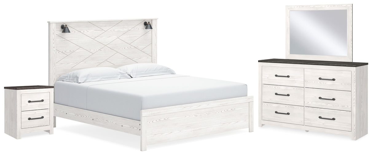 Gerridan King Panel Bed with Mirrored Dresser and Nightstand in White/Gray - PKG019126