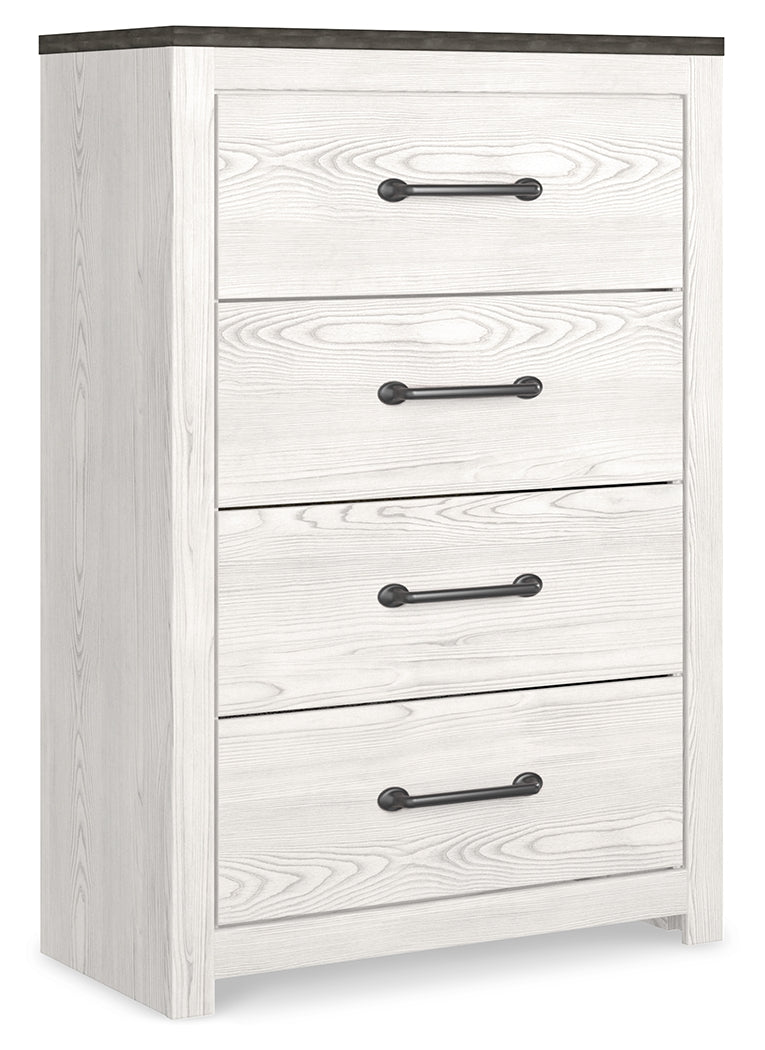 Gerridan King Panel Bed with Mirrored Dresser, Chest and 2 Nightstands in White/Gray - PKG019125