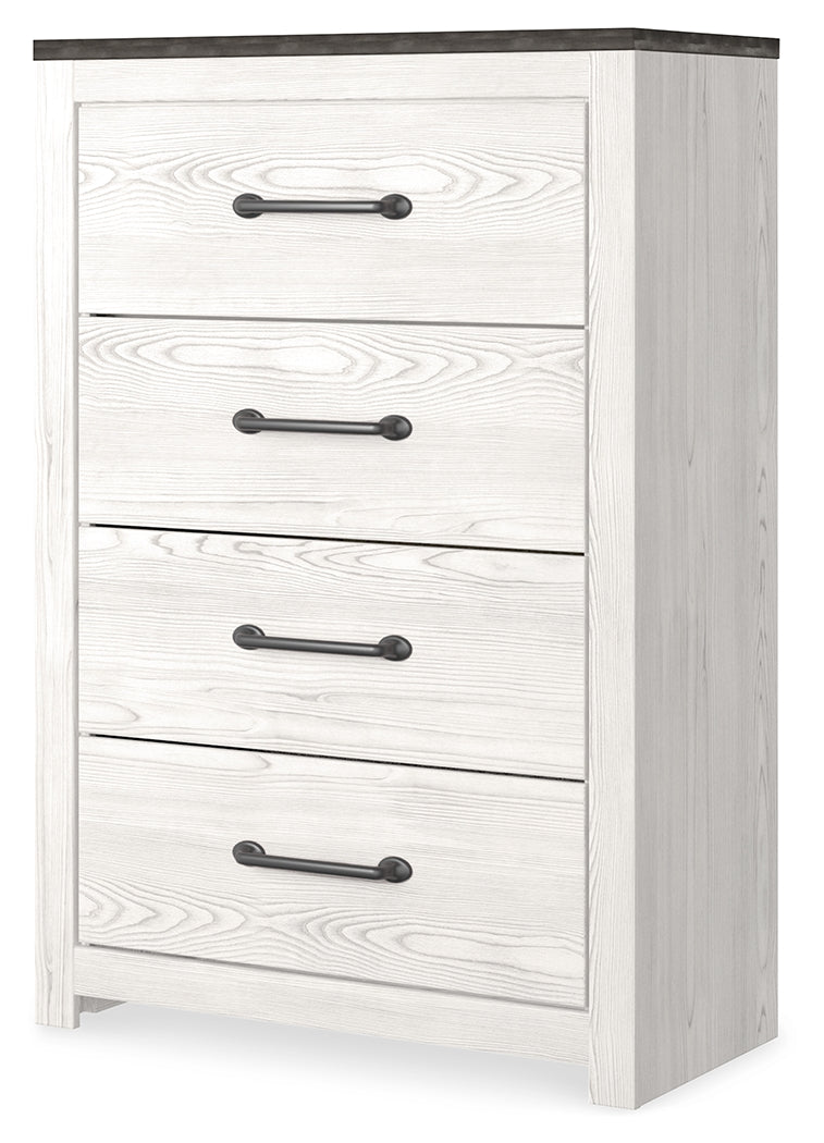 Gerridan King Panel Bed with Mirrored Dresser, Chest and 2 Nightstands in White/Gray - PKG019125