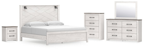 Gerridan King Panel Bed with Mirrored Dresser, Chest and Nightstand in White/Gray - PKG019128