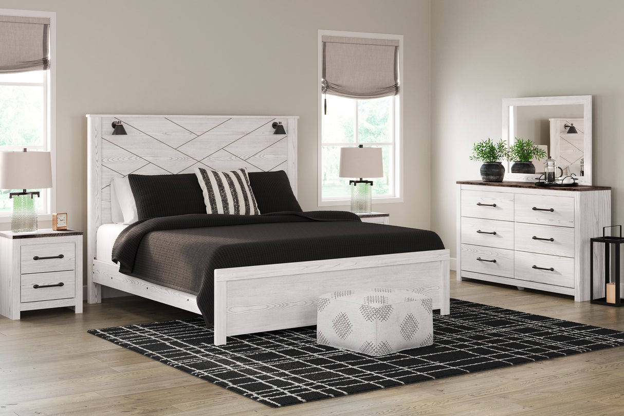 Gerridan King Panel Bed with Mirrored Dresser in White/Gray - PKG017961