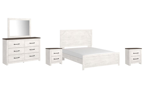 Gerridan Queen Panel Bed with Mirrored Dresser and 2 Nightstands in White/Gray - PKG009366