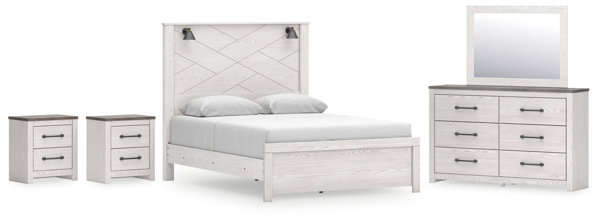 Gerridan Queen Panel Bed with Mirrored Dresser and 2 Nightstands in White/Gray - PKG019116