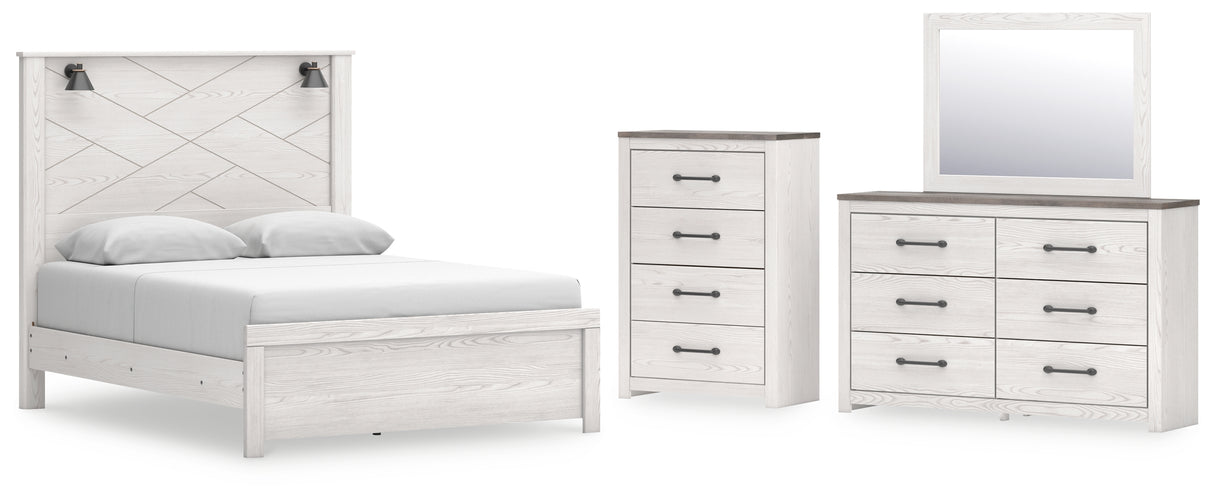 Gerridan Queen Panel Bed with Mirrored Dresser and Chest in White/Gray - PKG019119