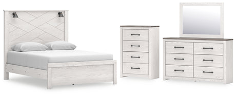 Gerridan Queen Panel Bed with Mirrored Dresser and Chest in White/Gray - PKG019119