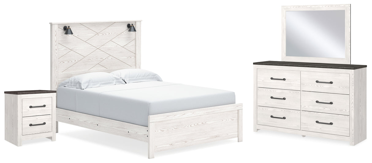 Gerridan Queen Panel Bed with Mirrored Dresser and Nightstand in White/Gray - PKG019118