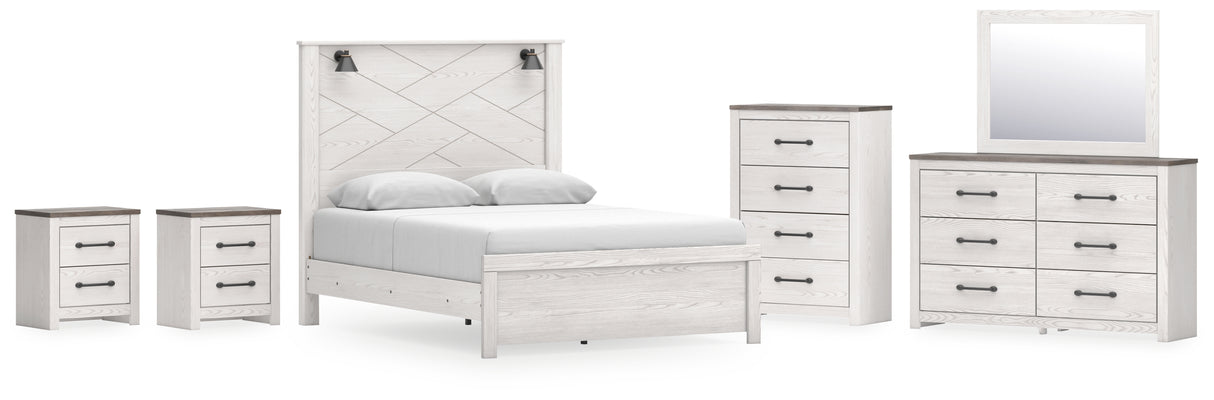 Gerridan Queen Panel Bed with Mirrored Dresser, Chest and 2 Nightstands in White/Gray - PKG019117