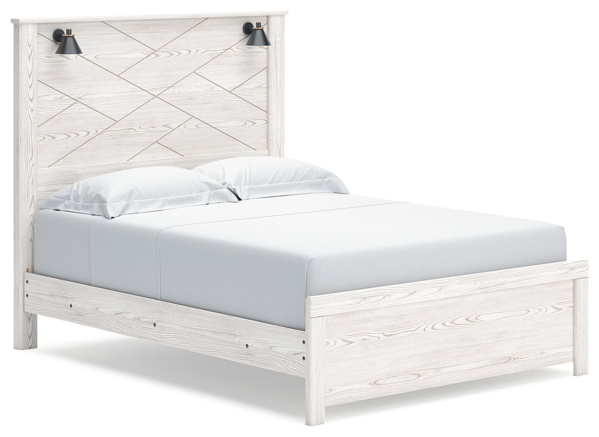 Gerridan Queen Panel Bed with Mirrored Dresser, Chest and Nightstand in White/Gray - PKG019120