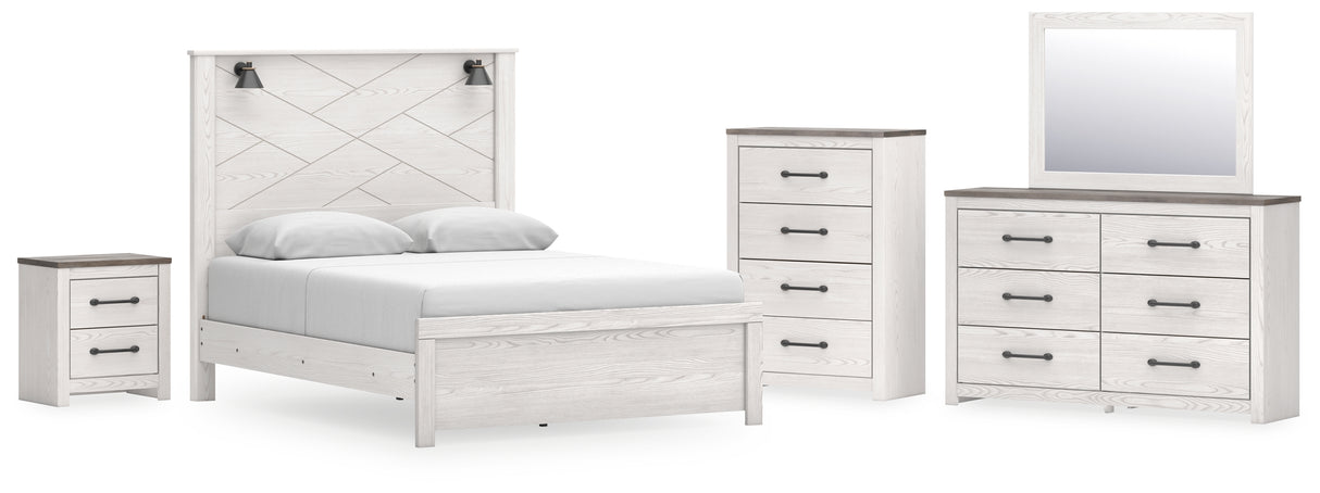 Gerridan Queen Panel Bed with Mirrored Dresser, Chest and Nightstand in White/Gray - PKG019120