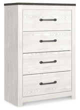 Gerridan Queen Panel Bed with Mirrored Dresser, Chest and Nightstand in White/Gray - PKG019120