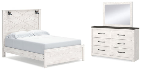 Gerridan Queen Panel Bed with Mirrored Dresser in White/Gray - PKG017958