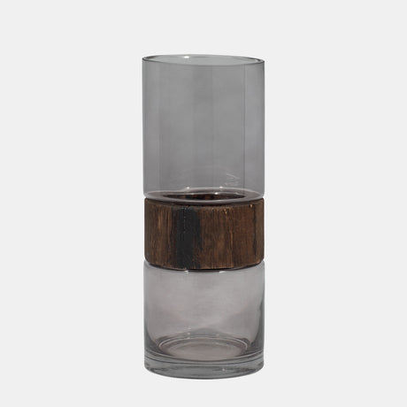 Glass, 10" Cylinder Vase W/ Wood Band, Clear from Sagebrook Home - Luna Furniture